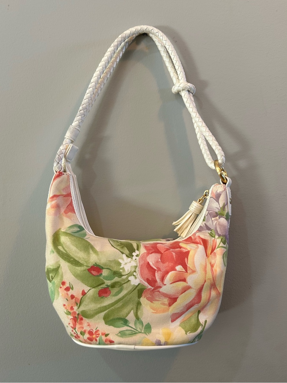 Relic Floral Mini Shoulder Bag Cream Canvas Braided Handle Y2K Style